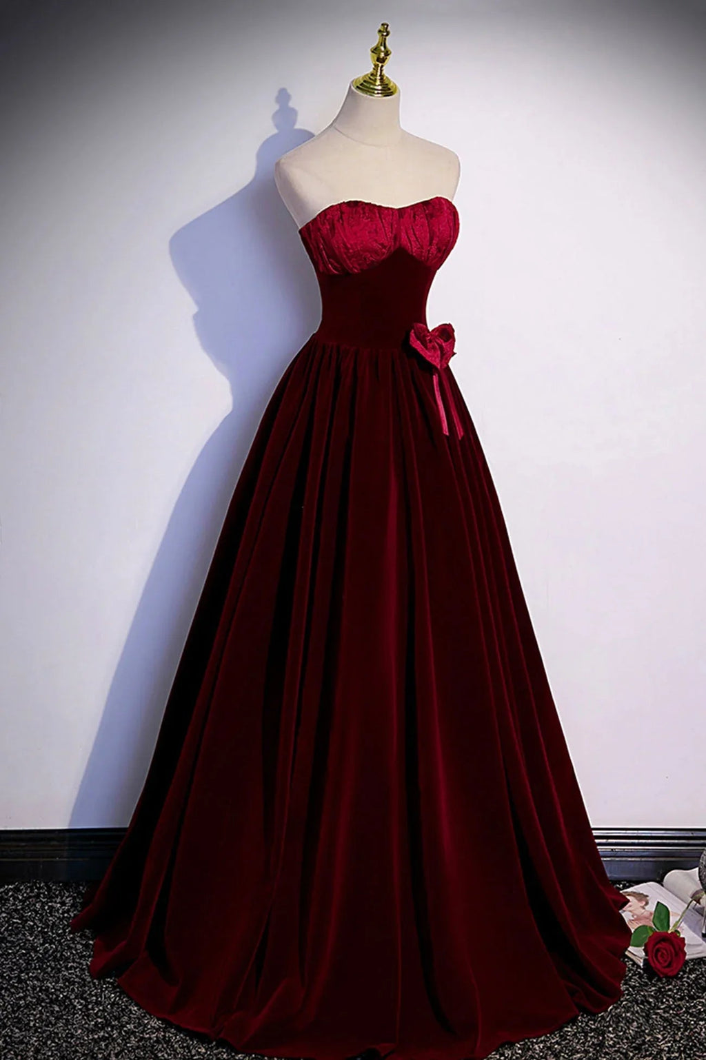 Vestido longo de veludo bordô para baile vestido de noite em linha A s86