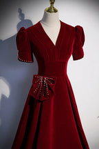 Vestido longo de baile com decote em V cor bordô Vestido de noite corte em A s54