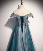 Abito lungo da sera in pizzo di tulle blu con spalle scoperte s105