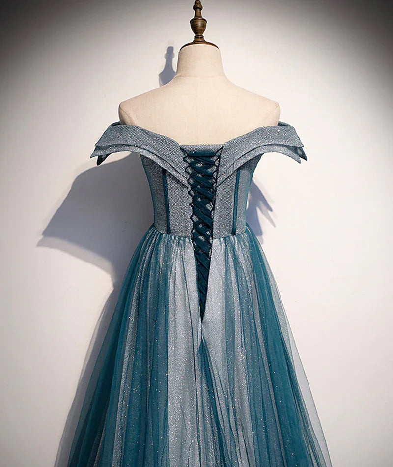 Abito lungo da sera in pizzo di tulle blu con spalle scoperte s105