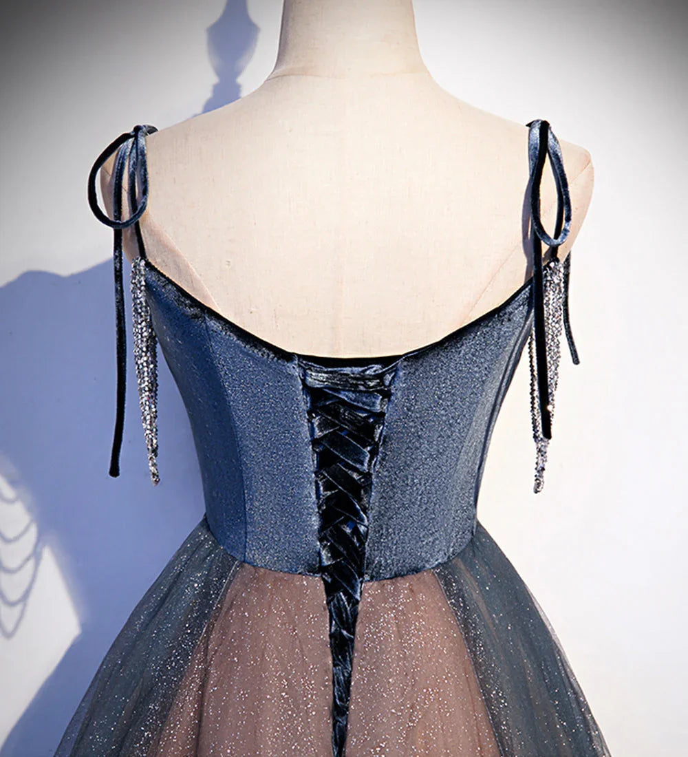 Vestido longo de baile de lantejoulas em tule azul vestido de noite s80