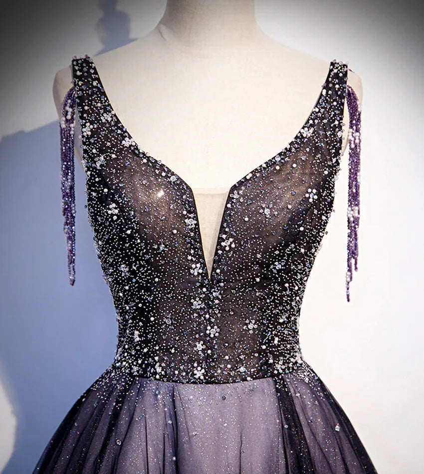 Vestido longo roxo de tule com decote em V e contas para baile de finalistas vestido de noite s104