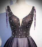 Vestido longo roxo de tule com decote em V e contas para baile de finalistas vestido de noite s104