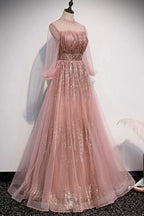Vestido longo de baile de finalistas em tule cor-de-rosa com lantejoulas vestido de noite cor-de-rosa s109