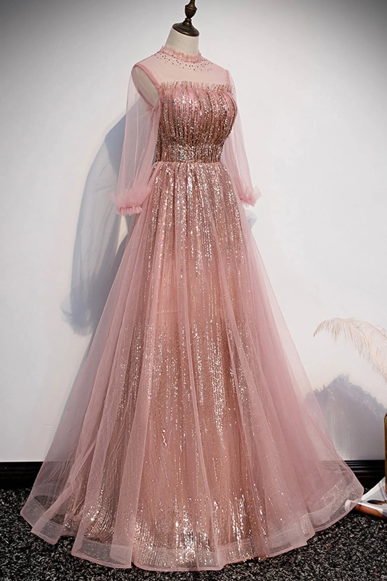 Abito lungo da sera rosa in tulle con paillettes, abito da ballo rosa s109
