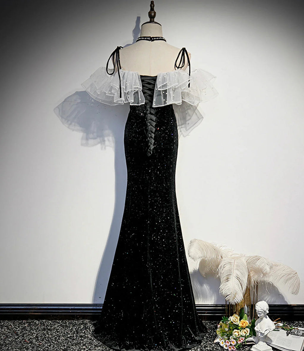Vestido longo de veludo preto para baile, vestido de noite sereia s57