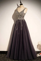 Elegante abito lungo da sera a linea ad A con scollo a V in tulle per ballo s76