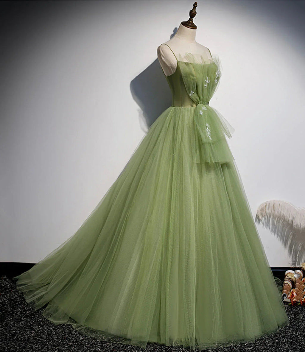 Abito lungo da sera in tulle verde a linea ad A s56