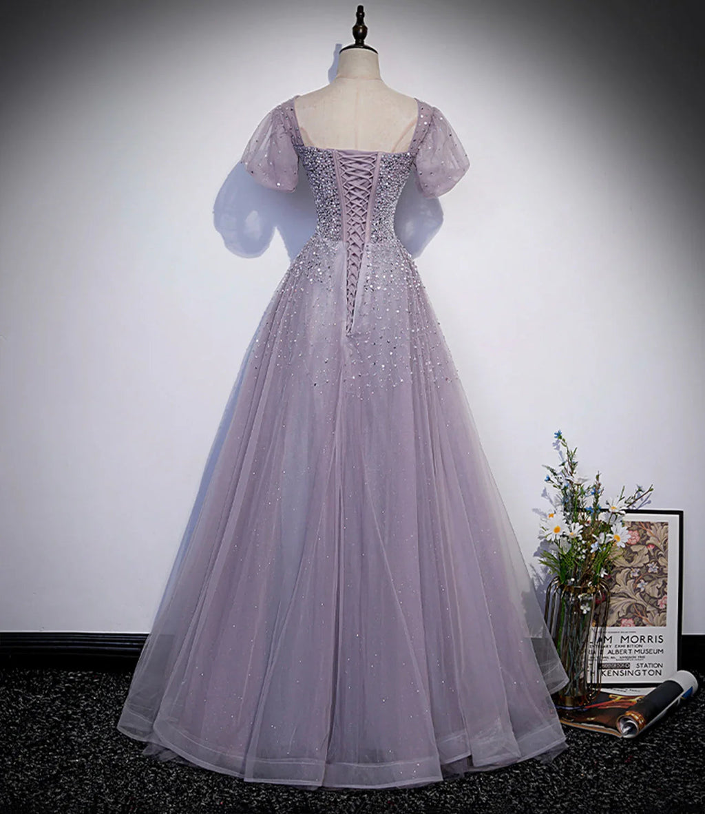 Vestido longo de baile em tule roxo com contas Vestido de noite em linha A s59