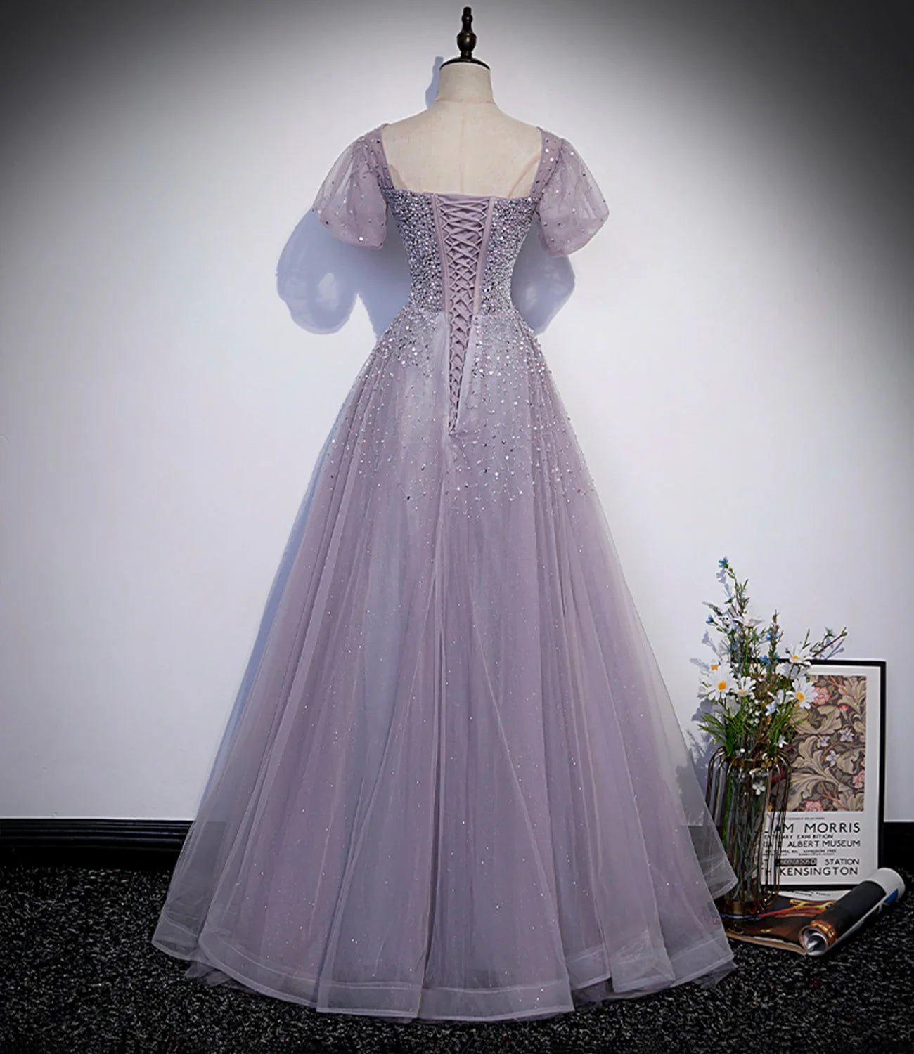 Abito lungo da sera a linea A con perline di tulle viola s59