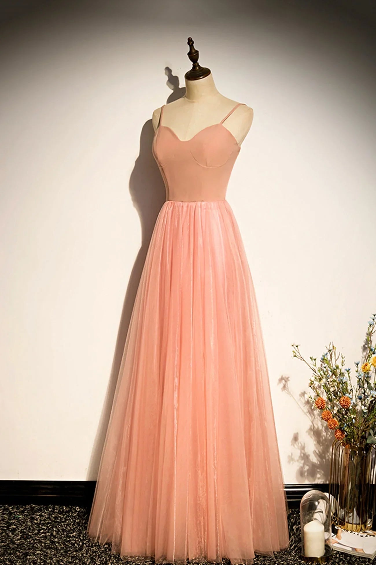 Abito lungo da sera in tulle rosa a linea ad A s92