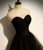 Vestido longo de tule preto em linha A para baile, vestido de noite preto s68