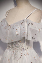 Elegante abito lungo da sera a linea A con paillettes in tulle s71