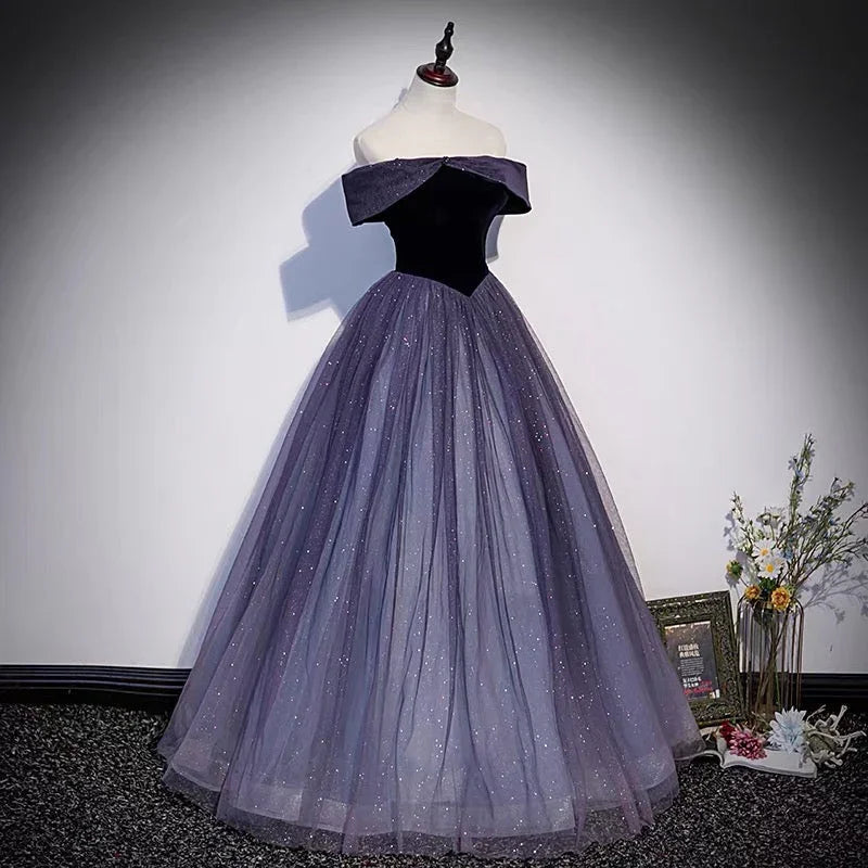 Vestido de baile longo em tule roxo, modelo linha A, vestido de noite s66