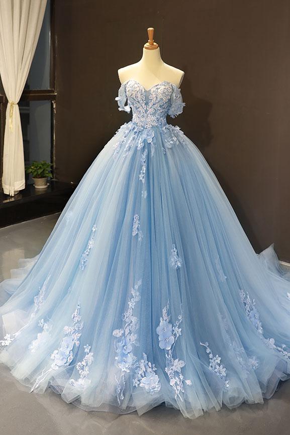 Blaue Spitzenapplikation elegante schulterfreie Ballkleid Y1578