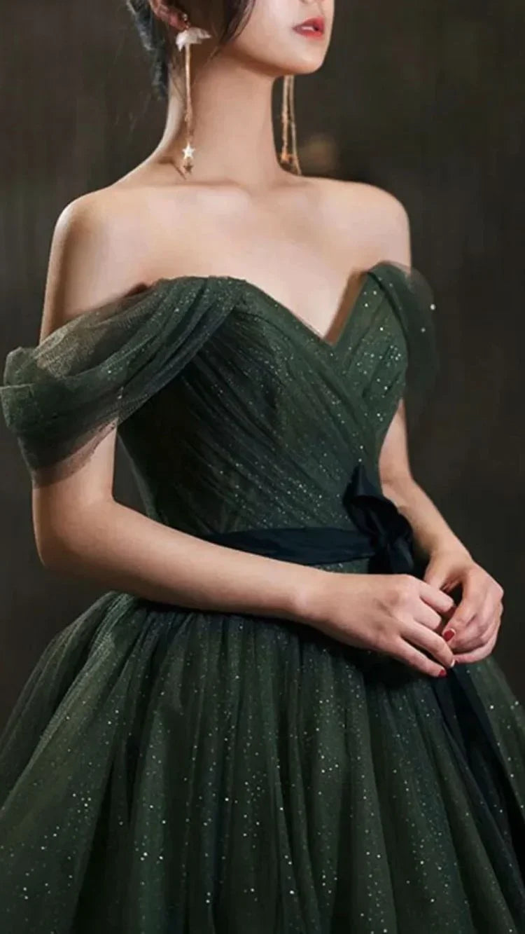 Abito lungo da sera semplice in tulle verde, abito da sera in tulle verde Y1554