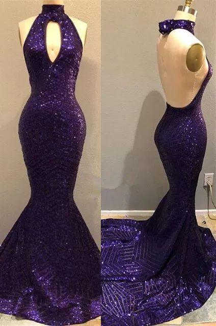 Abiti da sera viola con paillettes, schiena scoperta e taglio sexy | Abiti da sera sirena con apertura a goccia Y1529