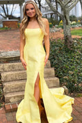 Vestidos Longos de Cetim Amarelo Simples com Cauda de Sereia para Baile, Vestidos Formais Longos de Cetim Amarelo Simples com Cauda de Sereia para Baile Y1887
