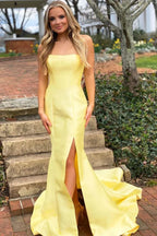 Vestidos Longos de Cetim Amarelo Simples com Cauda de Sereia para Baile, Vestidos Formais Longos de Cetim Amarelo Simples com Cauda de Sereia para Baile Y1887