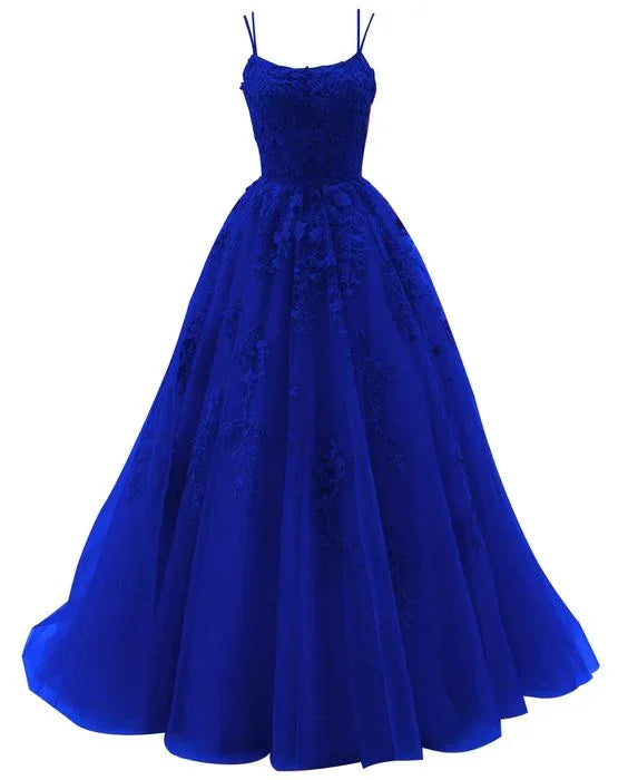 Robe de bal longue bleu royal à bretelles spaghetti, appliques en dentelle, tulle, robe de mariée, robe de soirée formelle princesse Y1905