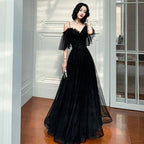 Abito lungo da sera nero in pizzo di tulle nero per ballo Y1894