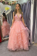 Vestidos compridos de baile rosa com decote em V e renda, vestidos de noite rosa em linha A Y1885