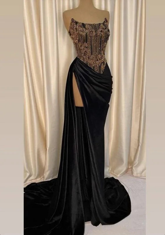 Abito lungo da sera nero senza spalline, elegante abito da ballo nero con spacco alto, abito da gala nero Y1903
