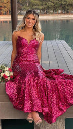 Vestido longo de baile sem alças com lantejoulas fúcsia, vestido de noite elegante em forma de sereia Y1876