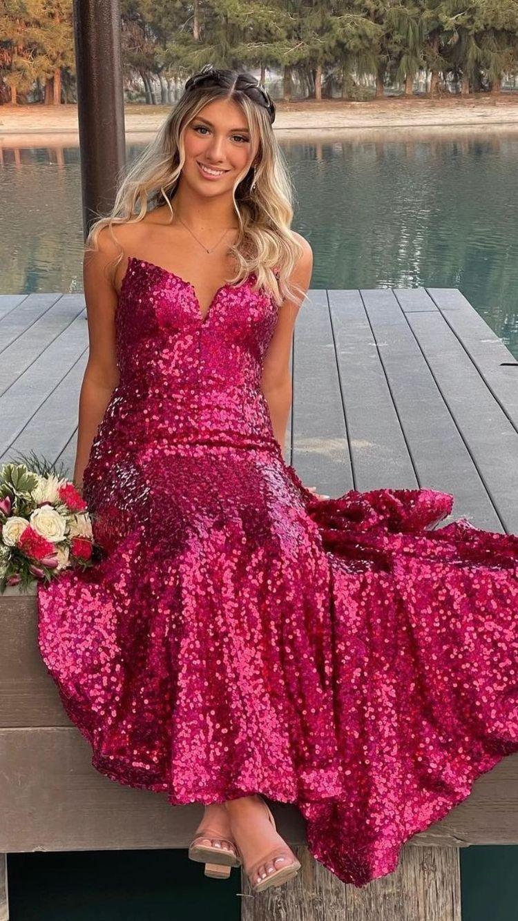 Vestido longo de baile sem alças com lantejoulas fúcsia, vestido de noite elegante em forma de sereia Y1876