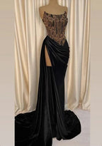 Abito lungo da sera nero senza spalline, elegante abito da ballo nero con spacco alto, abito da gala nero Y1903