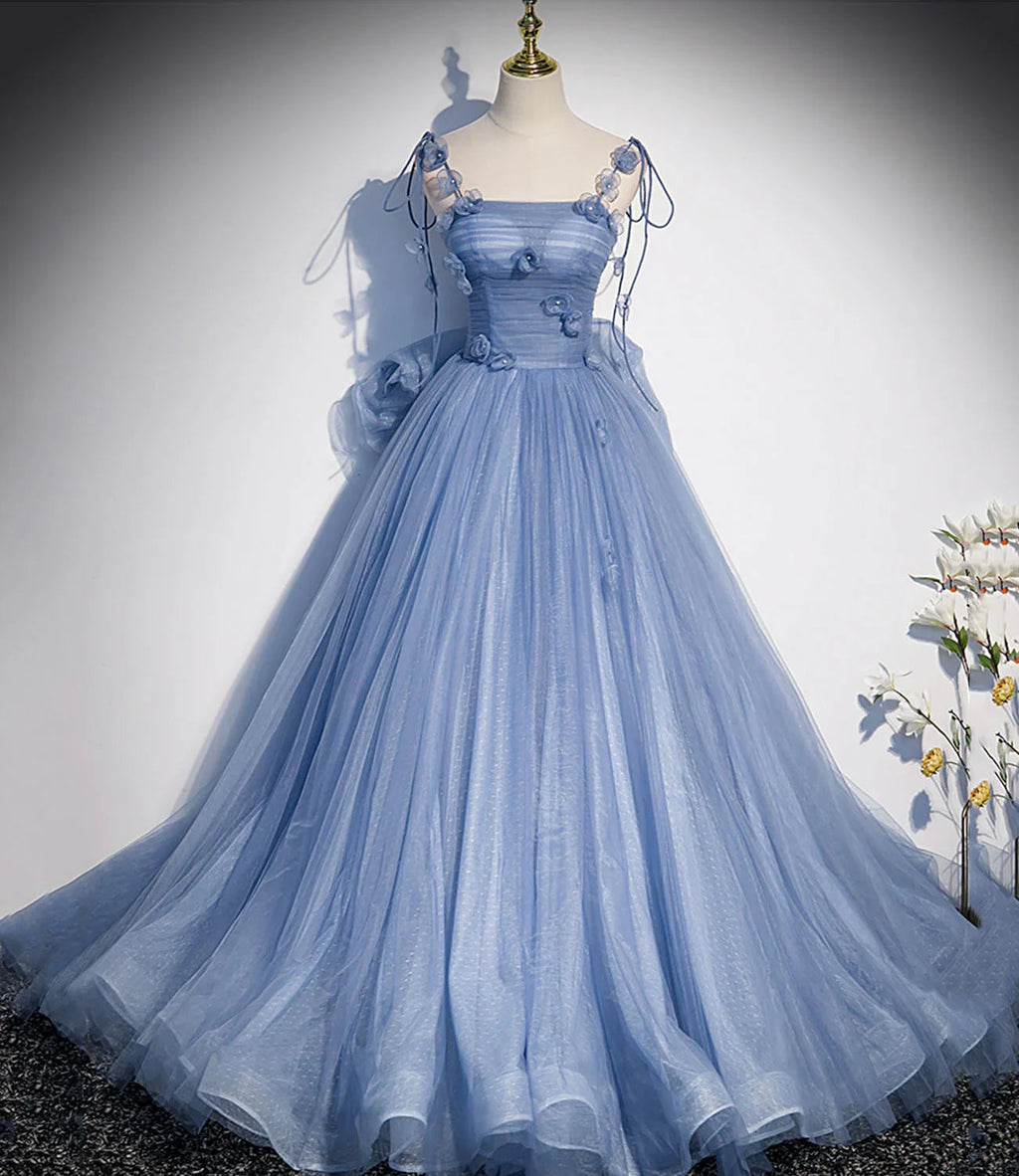 Abito lungo da sera blu in tulle a linea ad A abito da ballo blu s51