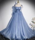 Abito lungo da sera blu in tulle a linea ad A abito da ballo blu s51