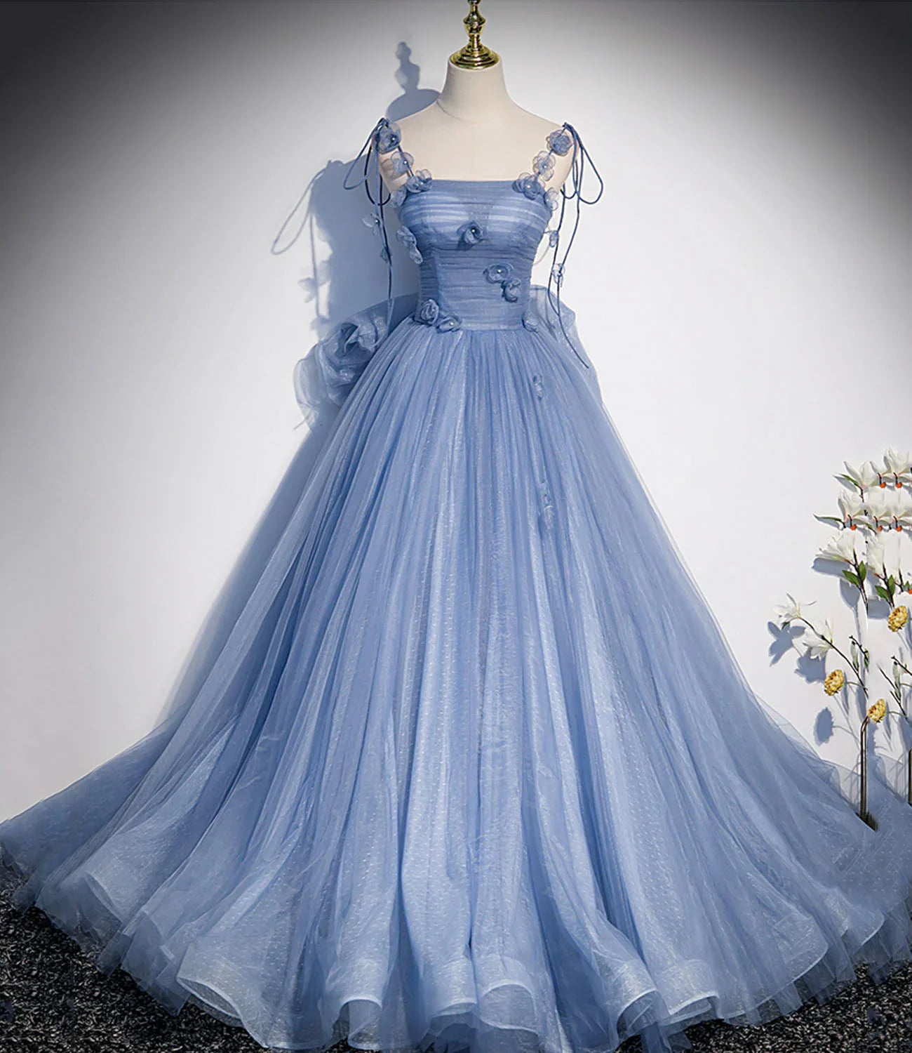 Abito lungo da sera blu in tulle a linea ad A abito da ballo blu s51
