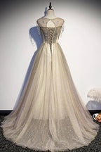 Elegante abito lungo da sera in tulle, modello a linea s108