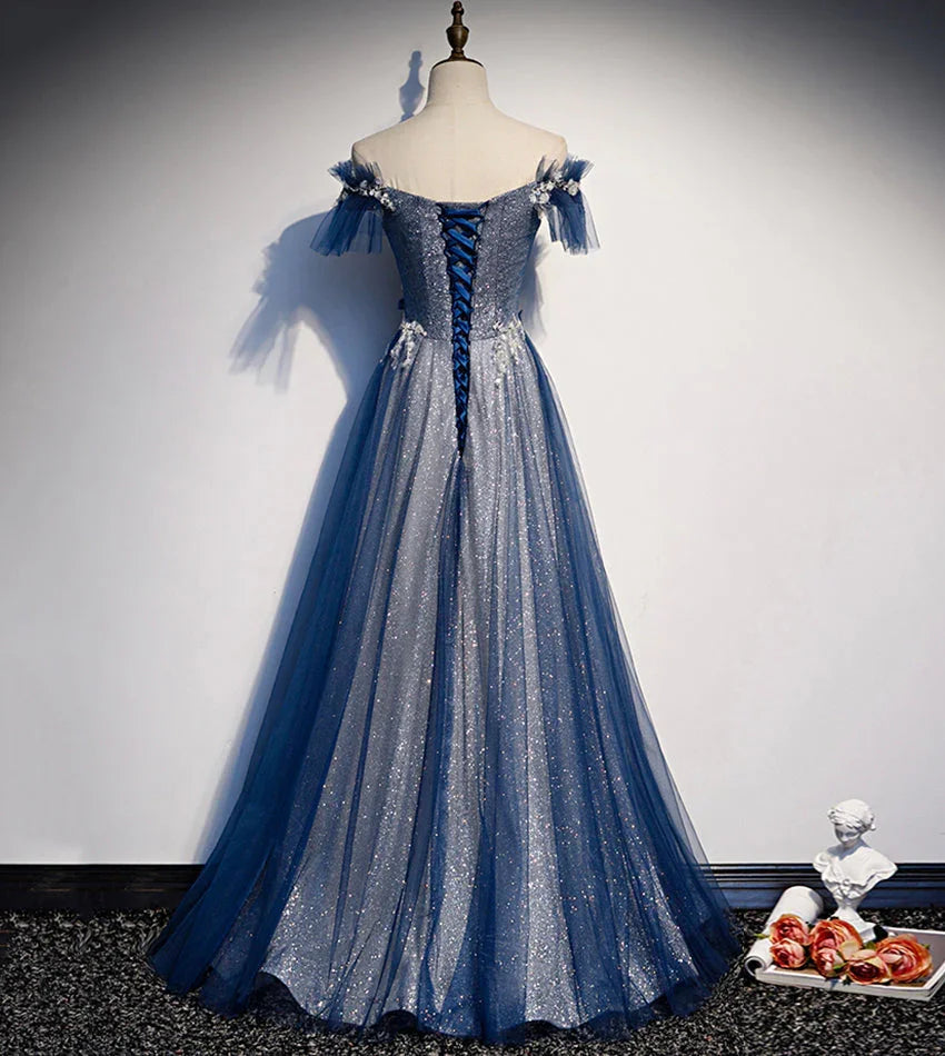 Robe longue de bal en tulle brillant à sequins bleue robe de soirée s102