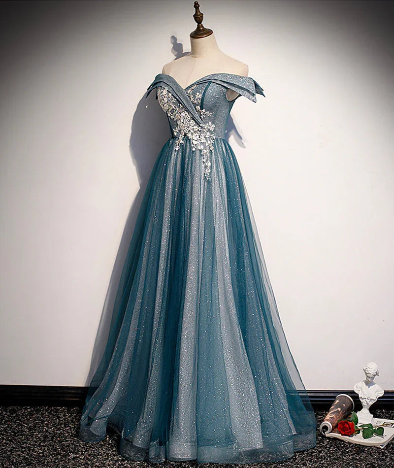 Abito lungo da sera in pizzo di tulle blu con spalle scoperte s105