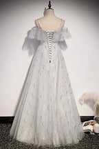 Elegante abito lungo da sera a linea A con paillettes in tulle s71