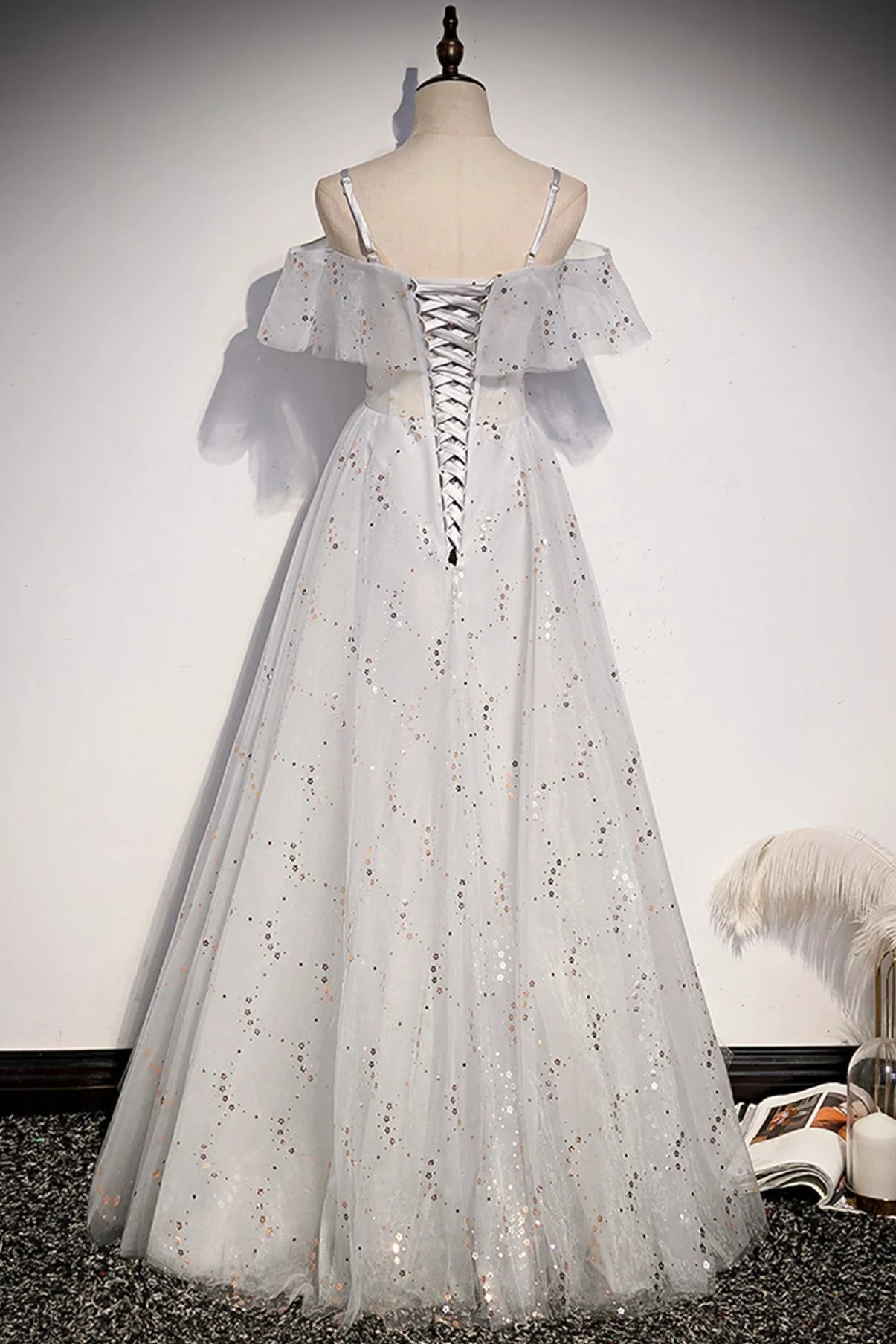 Elegante abito lungo da sera a linea A con paillettes in tulle s71