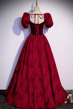 Abito lungo da sera in jacquard di velluto bordeaux per ballo s89