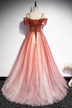 Abito lungo da sera in tulle bordeaux a linea ad A per ballo s75