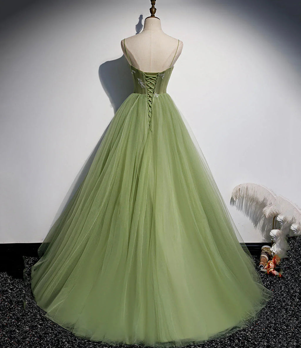 Abito lungo da sera in tulle verde a linea ad A s56