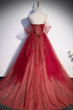 Abito lungo da sera a linea A in tulle bordeaux con paillettes, vestito da ballo s55