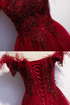 Abito lungo da sera a linea A in tulle bordeaux con paillettes s69