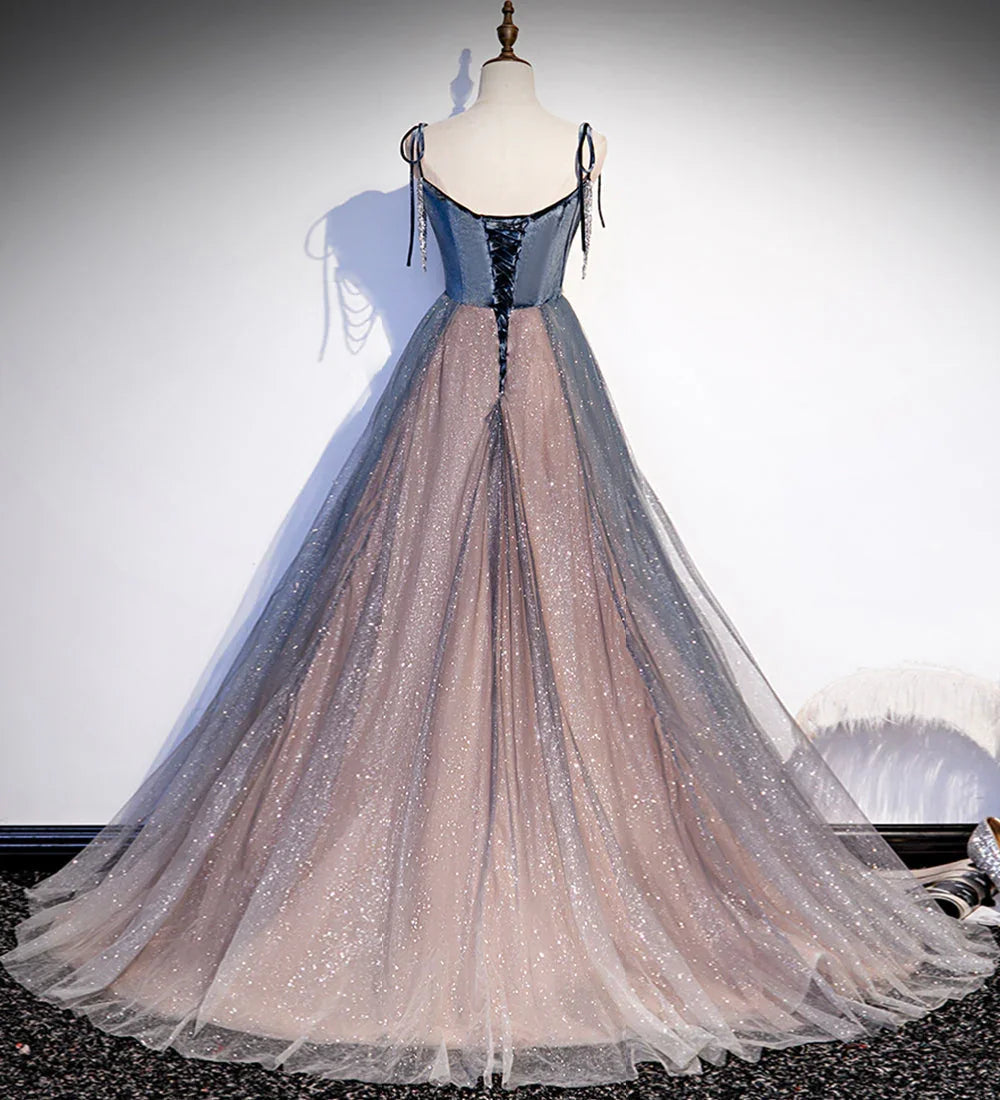 Vestido longo de baile de lantejoulas em tule azul vestido de noite s80