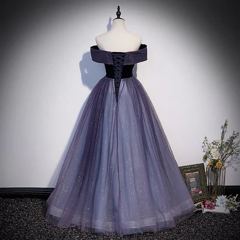 Vestido de baile longo em tule roxo, modelo linha A, vestido de noite s66
