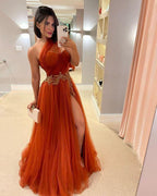Elegante abito lungo da sera in tulle arancione Nuovo arrivo Abito da cerimonia Y1304