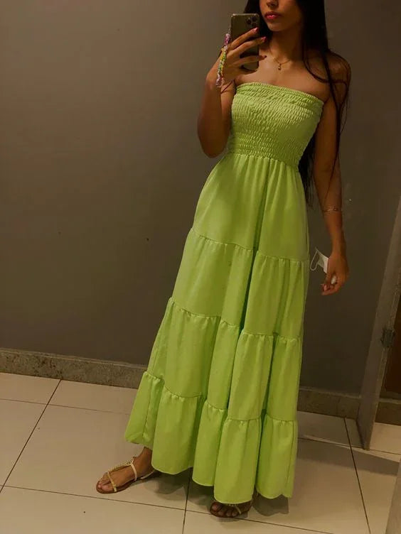 Abito lungo da sera verde bohemien senza spalline, abito da spiaggia Y1334