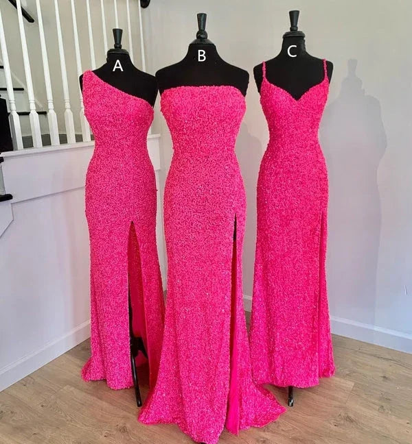 Splendido Abito Lungo Formale con Paillettes Rosa Fucsia da Sirena, Incantevole Abito da Sera Y1286