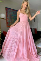 Abiti lunghi da sera rosa dolce in chiffon, abito da sera a linea ad A, abiti da festa con balze plissettate Y1317