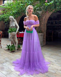 Abito lungo da sera in tulle lilla a linea ad A Y1308